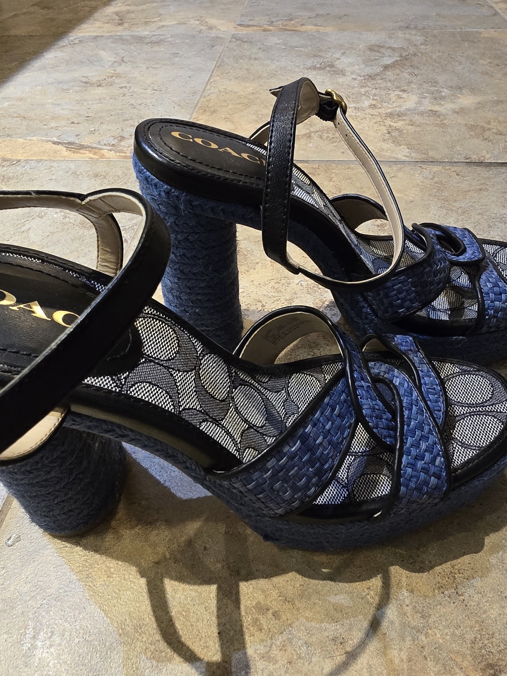 Coach Navy Woven Platform Sandals with Ankle Strap - Picture 2 of 6